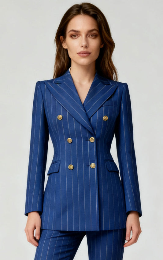 Navy Blue Pinstripe Double-Breasted Blazer Gold Buttons