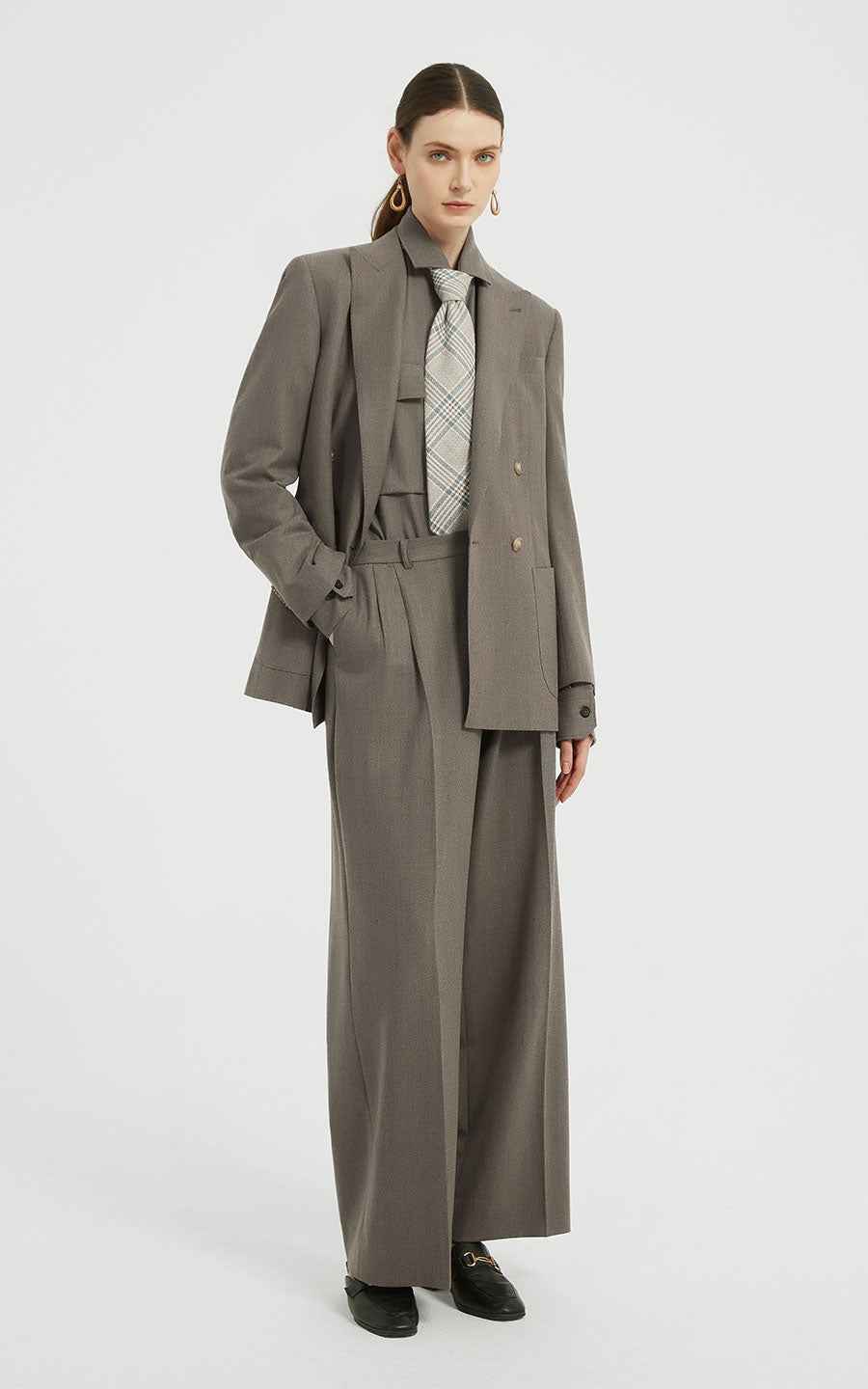 Tailored Blazer Set - Gray & Wide-Leg Trouser