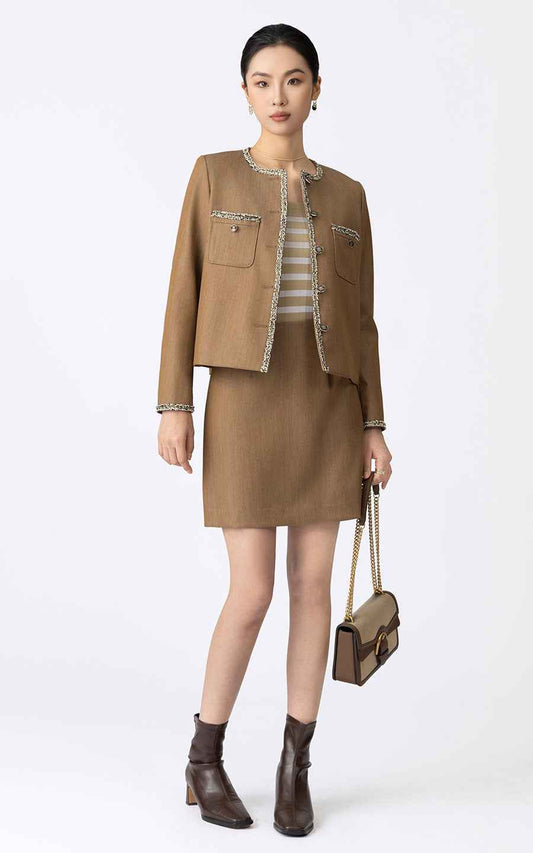 Women's Brown Tweed Suit Set - Jacket & Skirt Ensemble