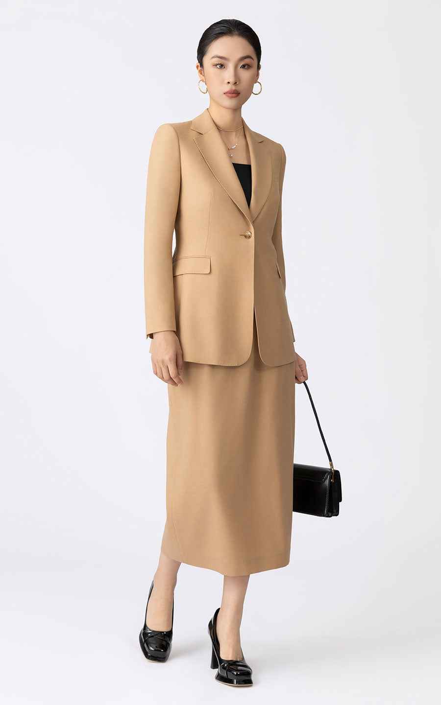 Camel Blazer Skirt Set - Professional Business Suit