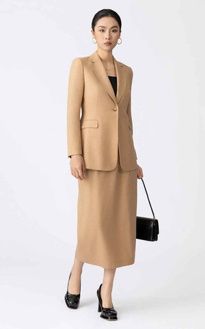 Custom Camel Blazer Skirt Set Women Business Suit | WIAI Custom Suits - Main View