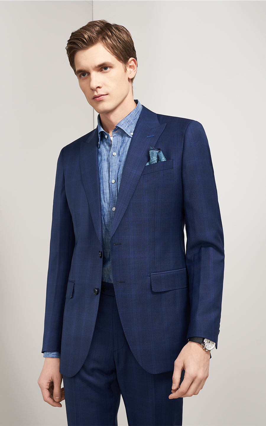 Mens Dark Blue Windowpane Custom Business Suit Set