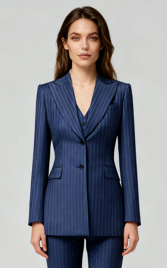 Navy Blue Pinstripe Single-Button Blazer