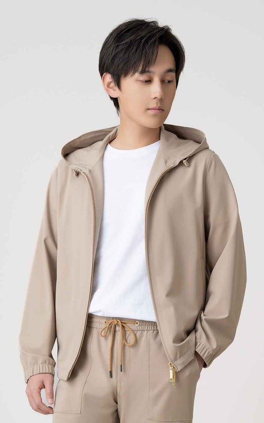 Beige Zipper Hooded Custom Men's Casual Jacket