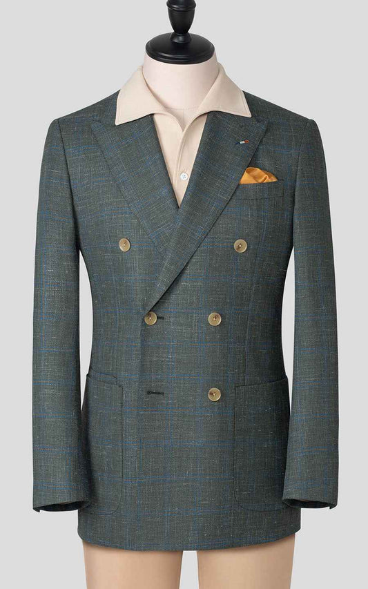 Custom Gray-Green Plaid Linen Blazer - Tailored Suit