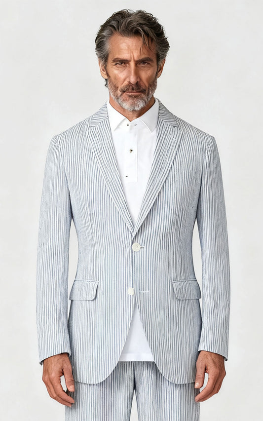 Navy Blue Seersucker Custom Suit - Tailored Fit