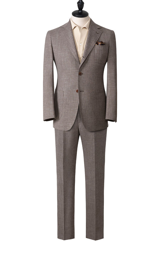 Gray wool linen silk suit front view custom tailored