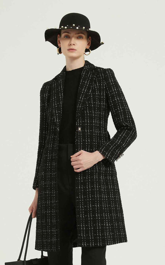 Women's Black Coat - Tweed Pearl Details | Elegant