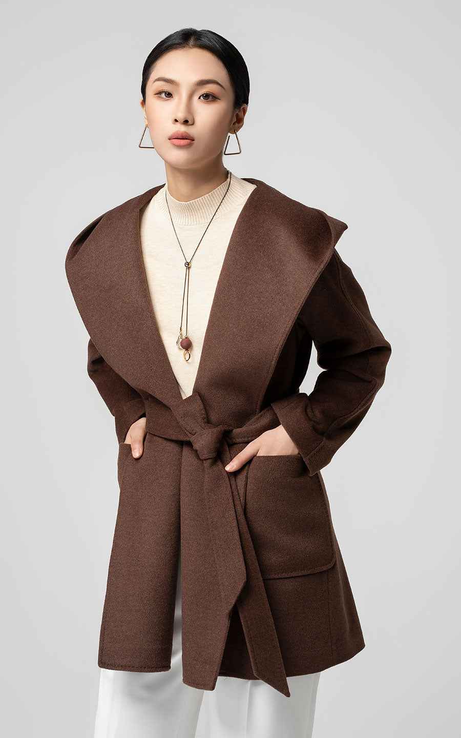 Elegant Brown Belted Trench Coat with Wide Lapel