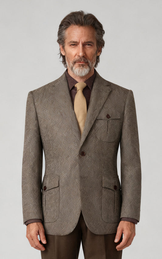 Men's Brown Herringbone Wool Blazer - Business Custom