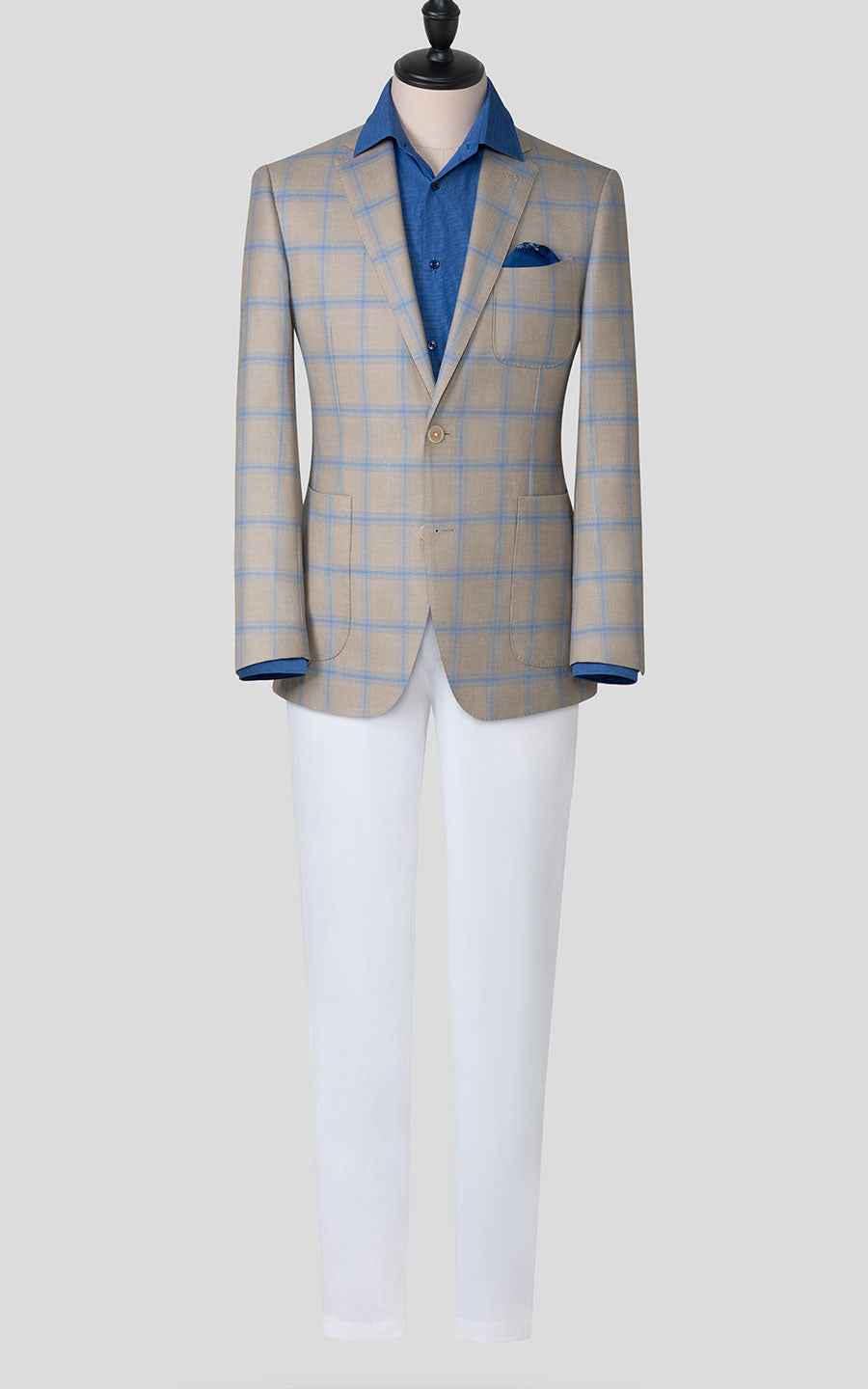 Custom Khaki Blue Plaid Wool Casual Suit Set