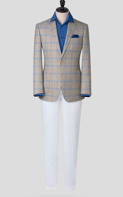 Custom Khaki Blue Plaid Wool Casual Suit Set