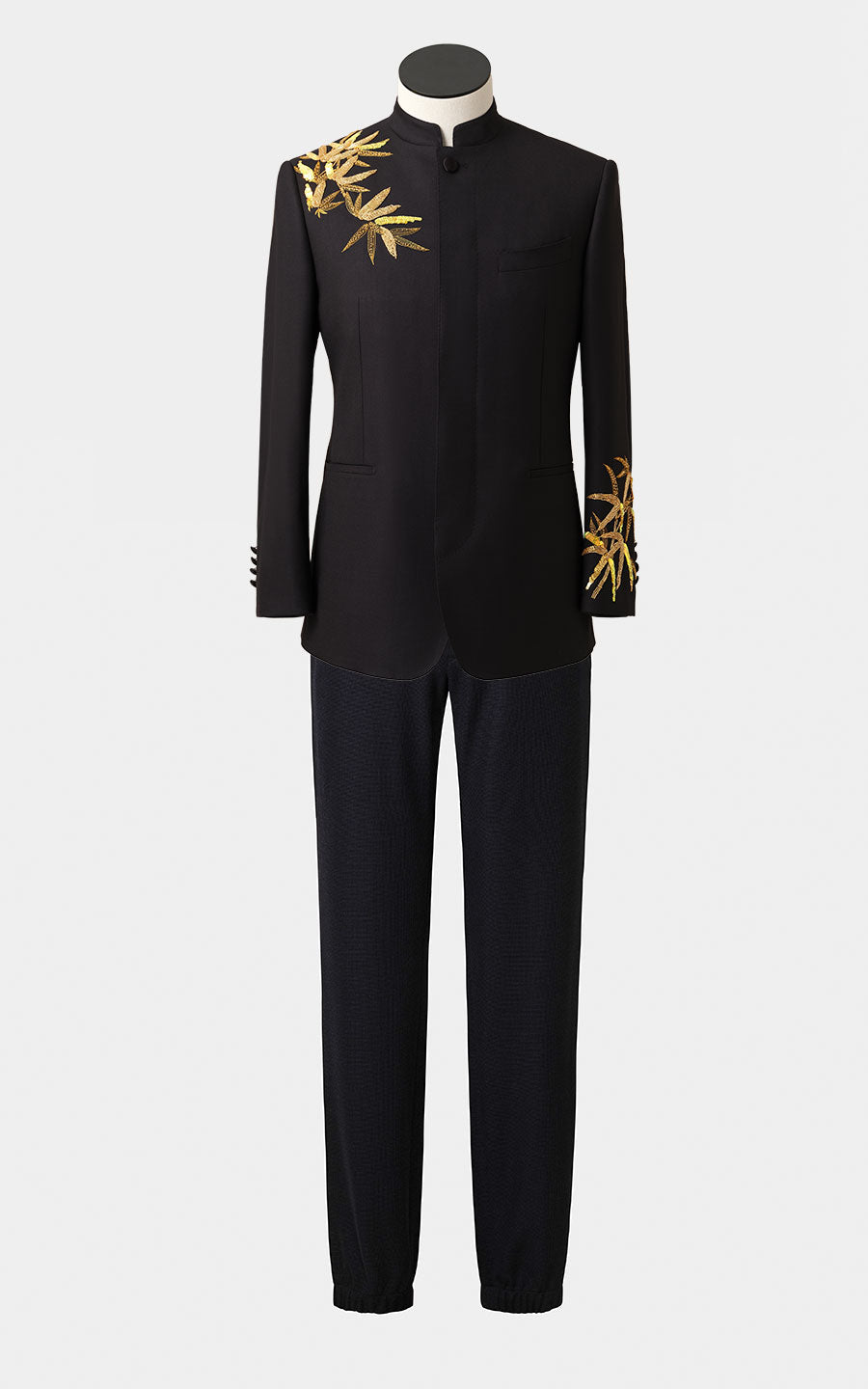 Black bamboo print formal dress custom suit style