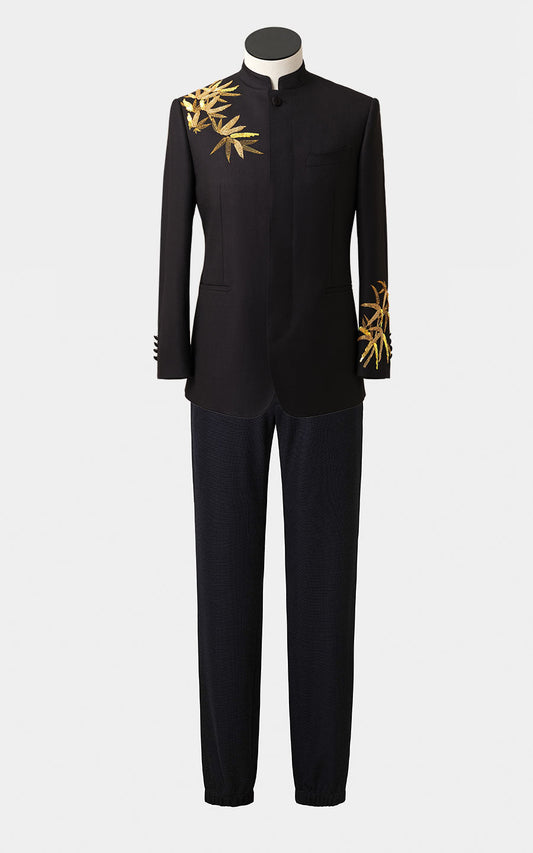 Black bamboo print formal dress custom suit style