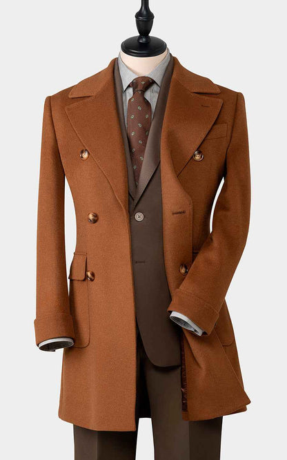 Deep Camel Double Breasted Men Overcoat Premium Wool Winter
