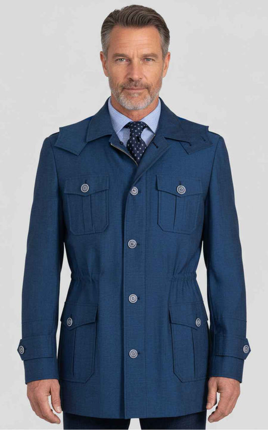 Men's Blue Custom Short Trench Casual Coat