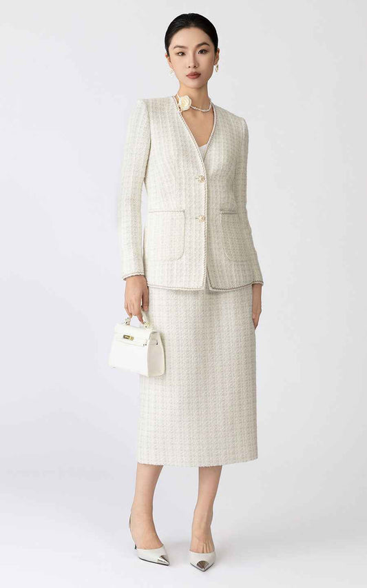 Cream Tweed V-Neck Blazer & Midi Skirt Set - Luxury