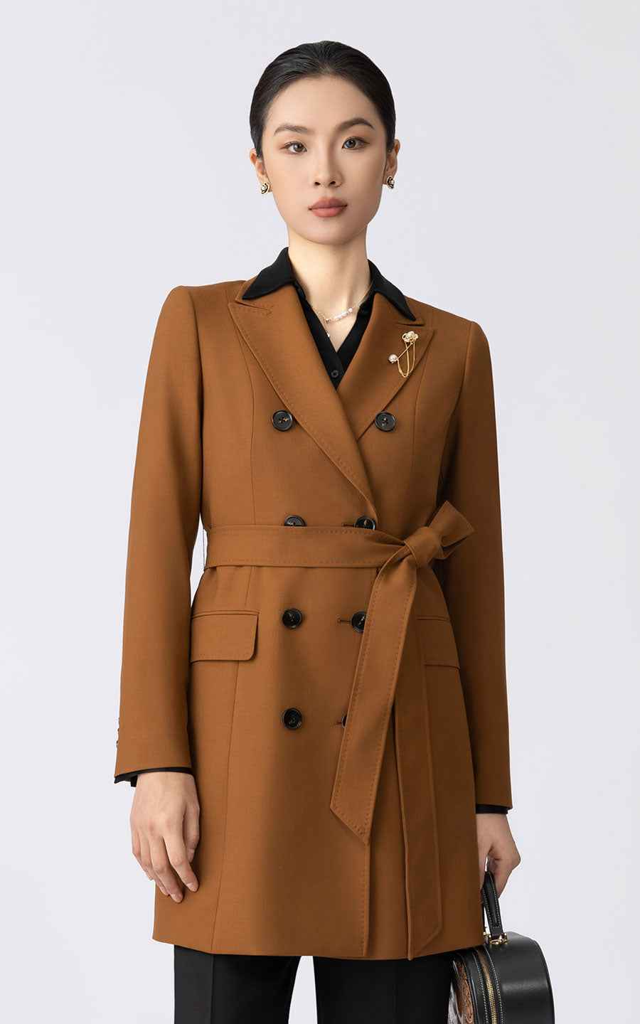 Women's Brown Double-Breasted Wool Coat with Belt