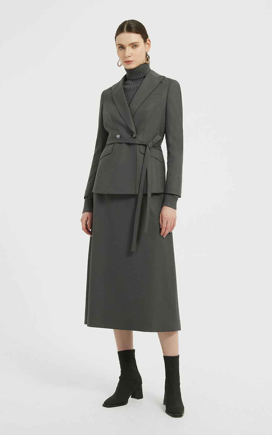 Women's Blazer Set Belted Double-Breasted Gray