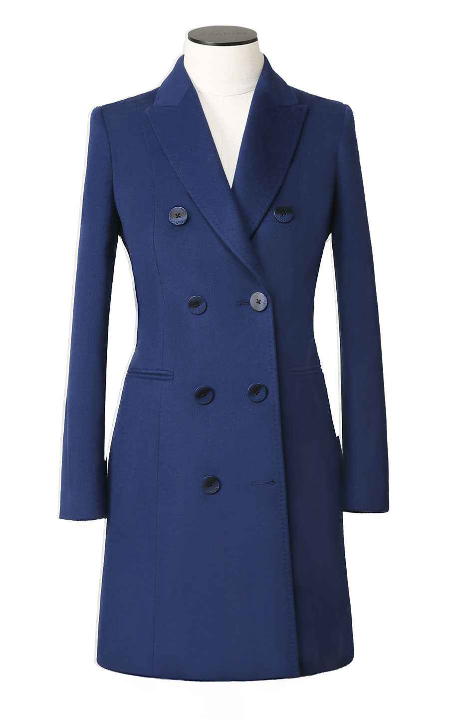 Navy Blue Double-Breasted Wool Coat - Women's Long Blazer