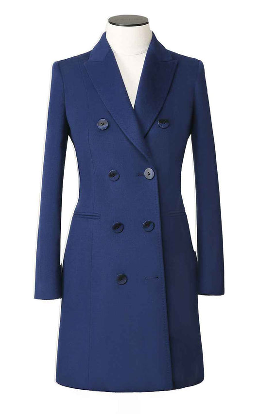 Navy Blue Double-Breasted Wool Coat - Women's Long Blazer