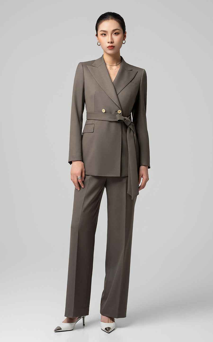 Women's Olive Green Belted Double-Breasted Suit Set