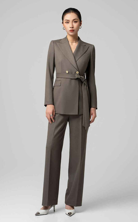 Women's Olive Green Belted Double-Breasted Suit Set