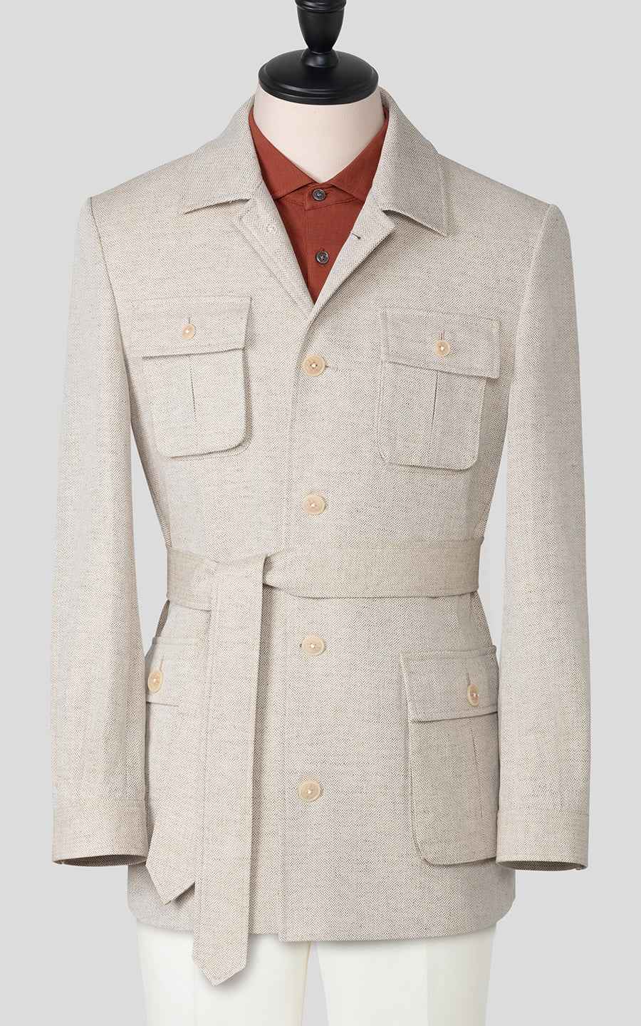 Men's Beige Lace-up Linen Custom Hunting Trench Coat