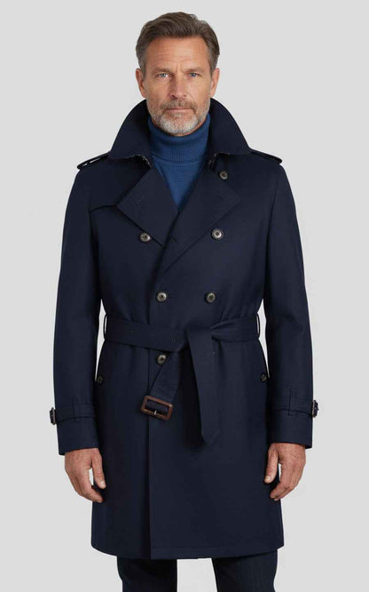 Navy Blue Men's Double-Breasted Custom Business Casual Trench Coat