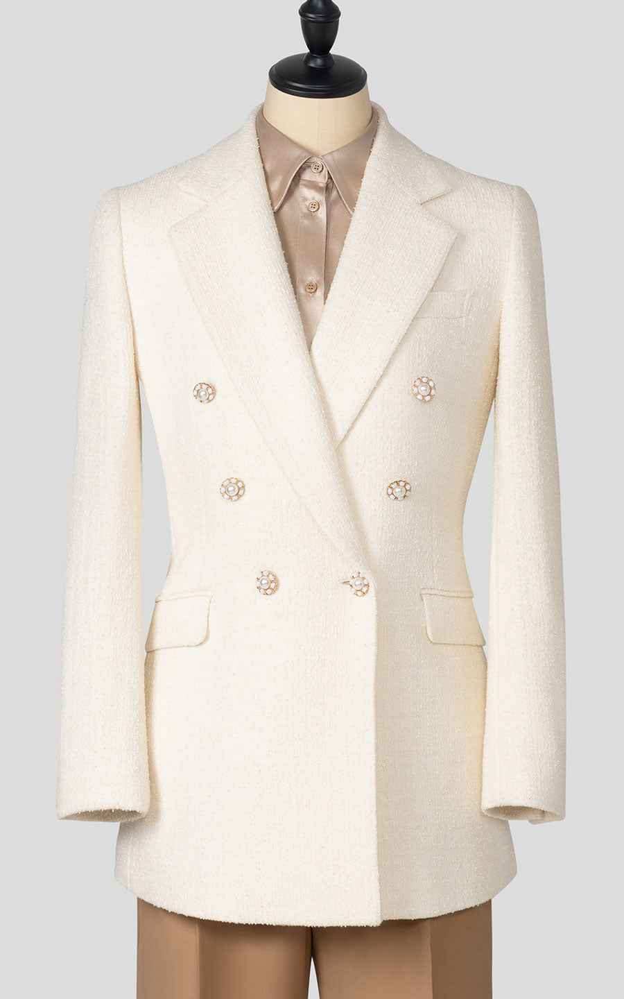 Women's Cream Double Breasted Blazer - Luxury Tweed Jacket