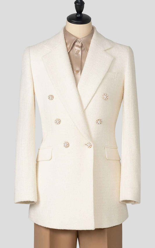 Women's Cream Double Breasted Blazer - Luxury Tweed Jacket