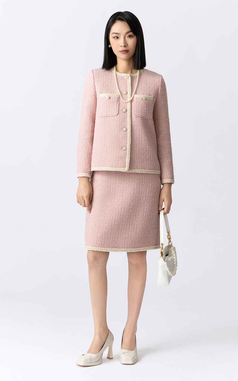 Elegant Pink Tweed Suit Set - Jacket & Skirt Ensemble