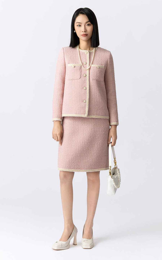 Elegant Pink Tweed Suit Set - Jacket & Skirt Ensemble