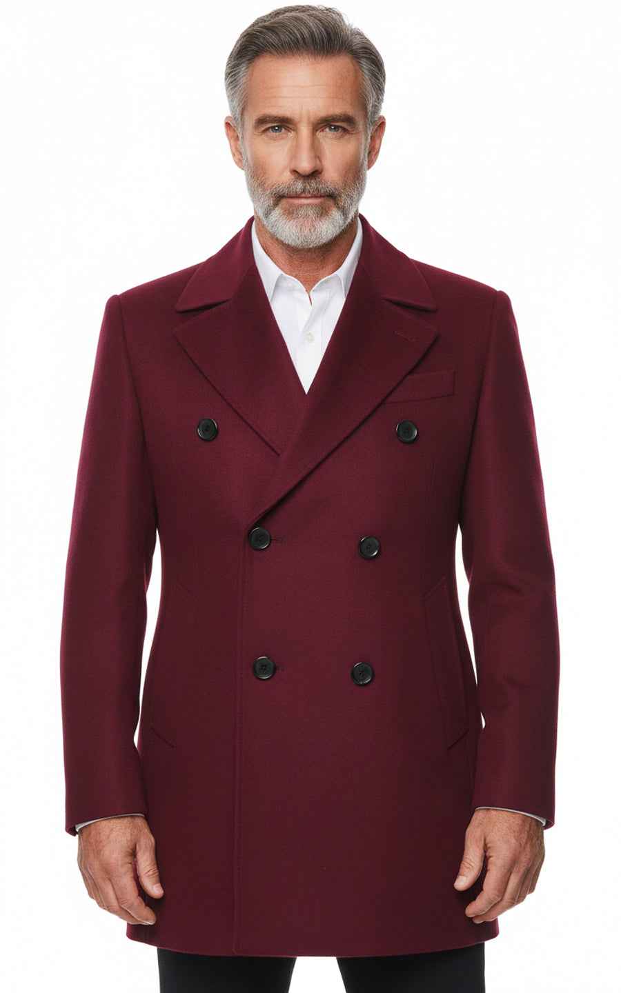 Men's burgundy custom double-breasted business casual wool coat