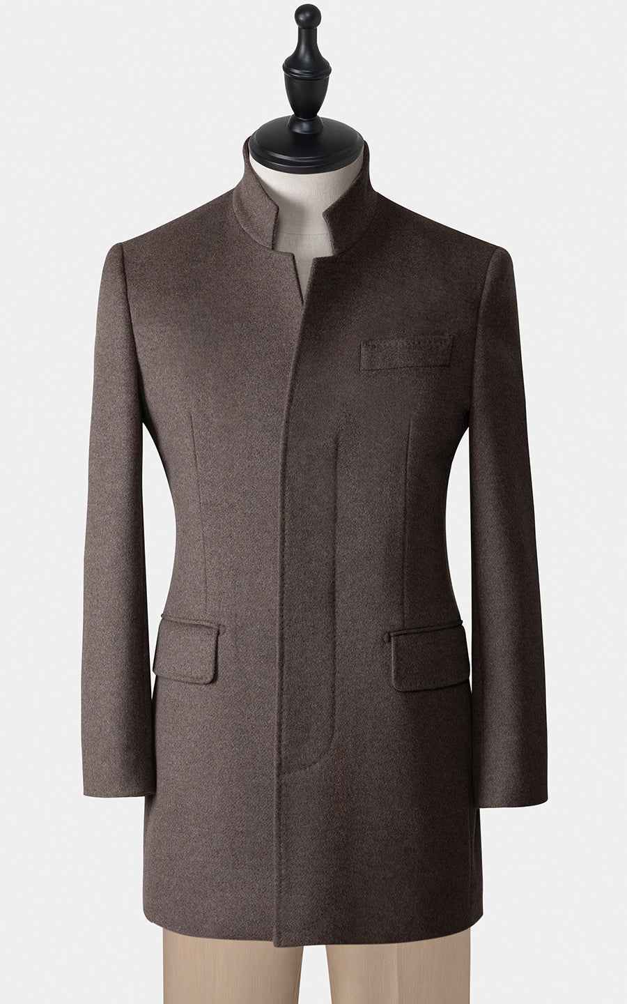 Dark brown wool stand-up collar for men trench coat tailored
