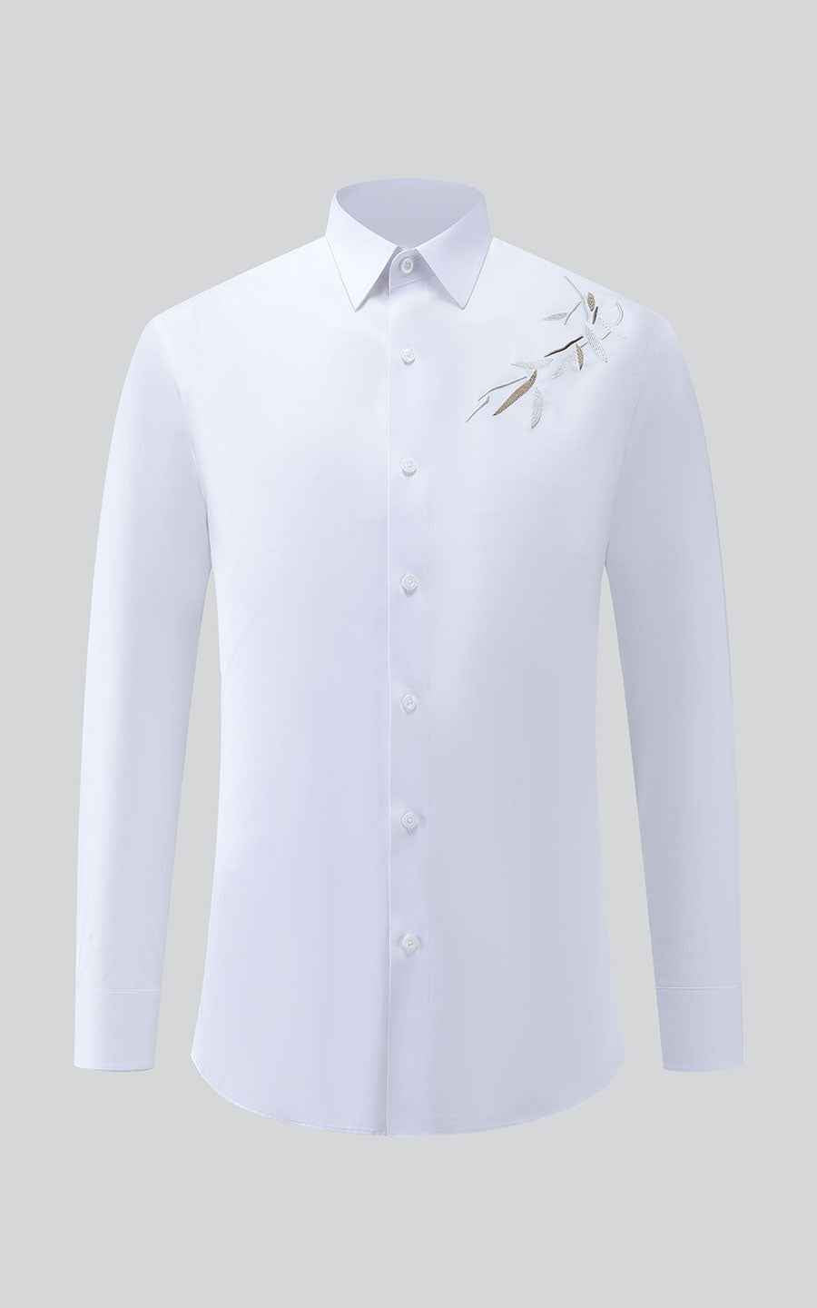 WIAI Pure White Leaf Embroidered Men's Dress Shirt