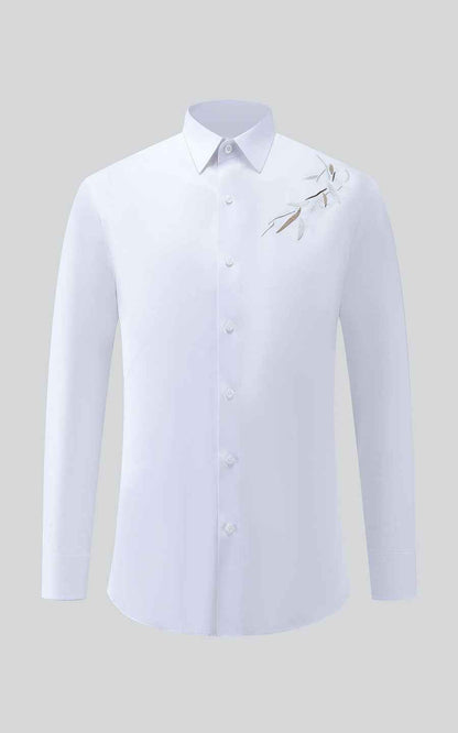 WIAI Pure White Leaf Embroidered Men's Dress Shirt