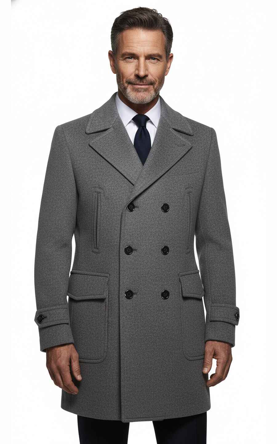 Men's Grey Slim Fit Custom Wool Double-Breasted Formal Overcoat