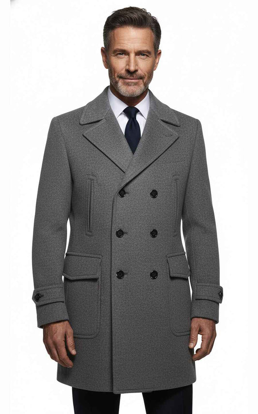 Men's Grey Slim Fit Custom Wool Double-Breasted Formal Overcoat
