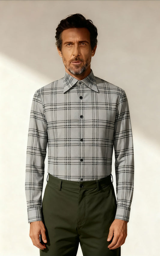 Scottish Grey Check Men's Casual Dress Shirt - WIAI