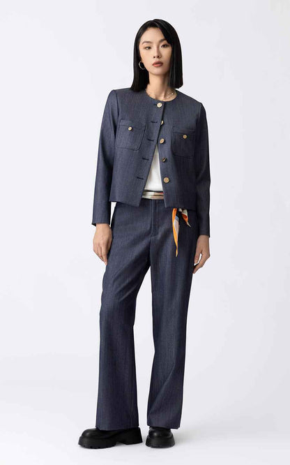 Women's Navy Blue Suit Set - Jacket & Wide Leg Pants