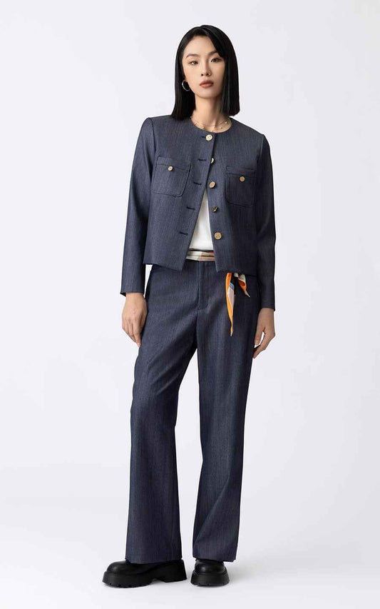 Women's Navy Blue Suit Set - Jacket & Wide Leg Pants