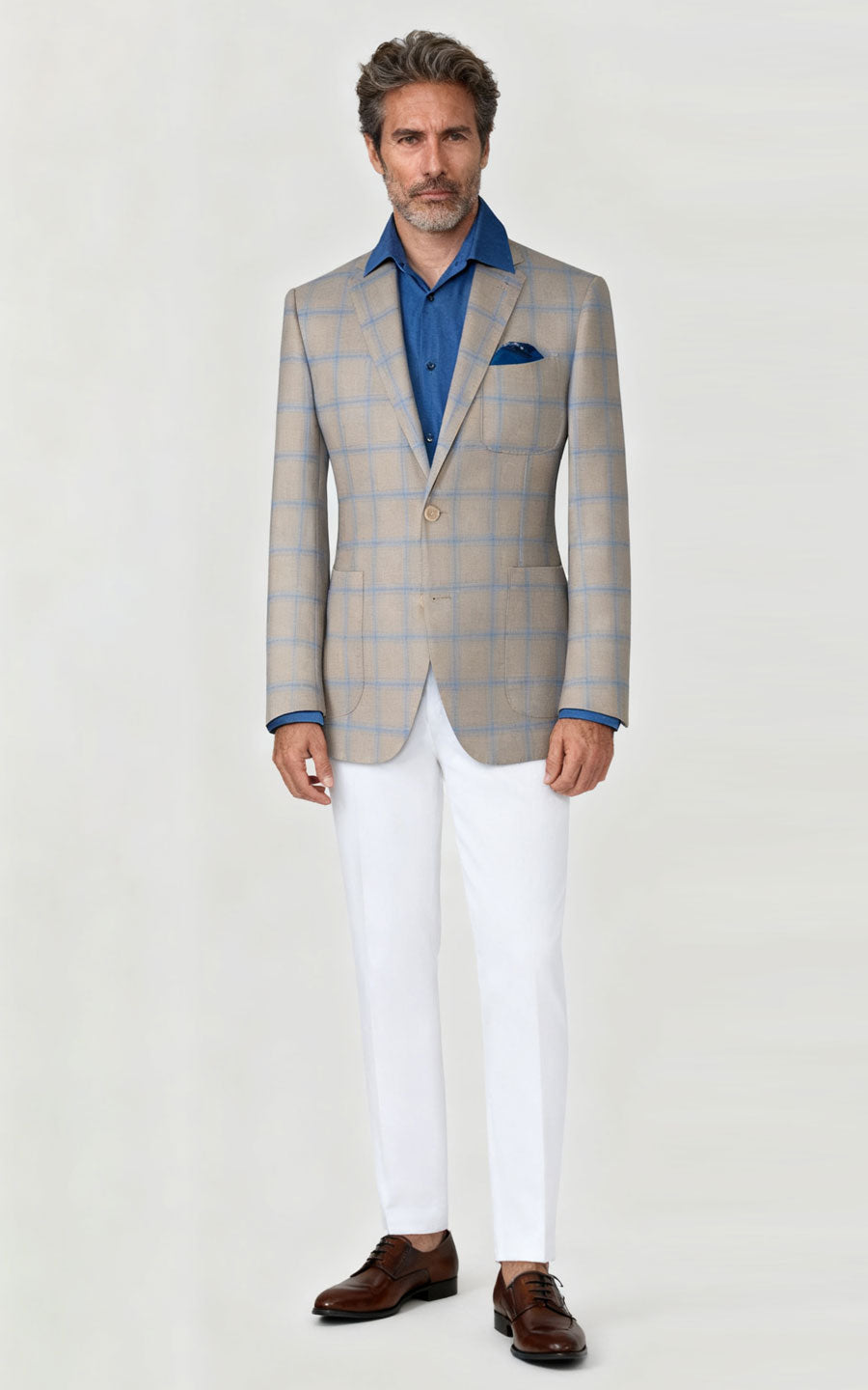Custom Khaki Blue Plaid Wool Casual Suit Set