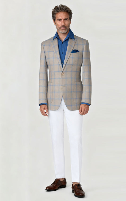 Custom Khaki Blue Plaid Wool Casual Suit Set