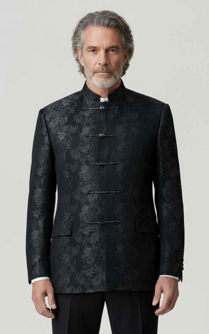 Custom Business Suit Men | Black Floral Jacquard Mandarin Collar Mens Dress Suit Coat — WIAI Ma... | WIAI Custom Suits - Main View