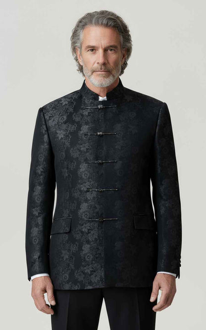 Black Floral Jacquard Mandarin Collar Mens Dress Suit Coat