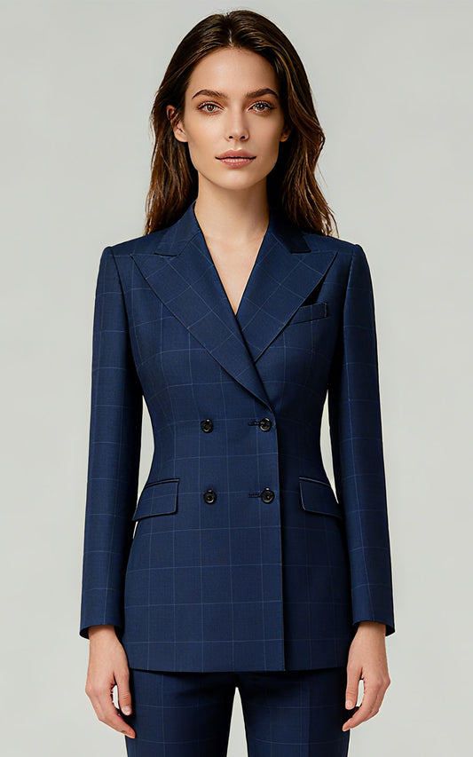 Navy Blue Checkered Double-Breasted Blazer