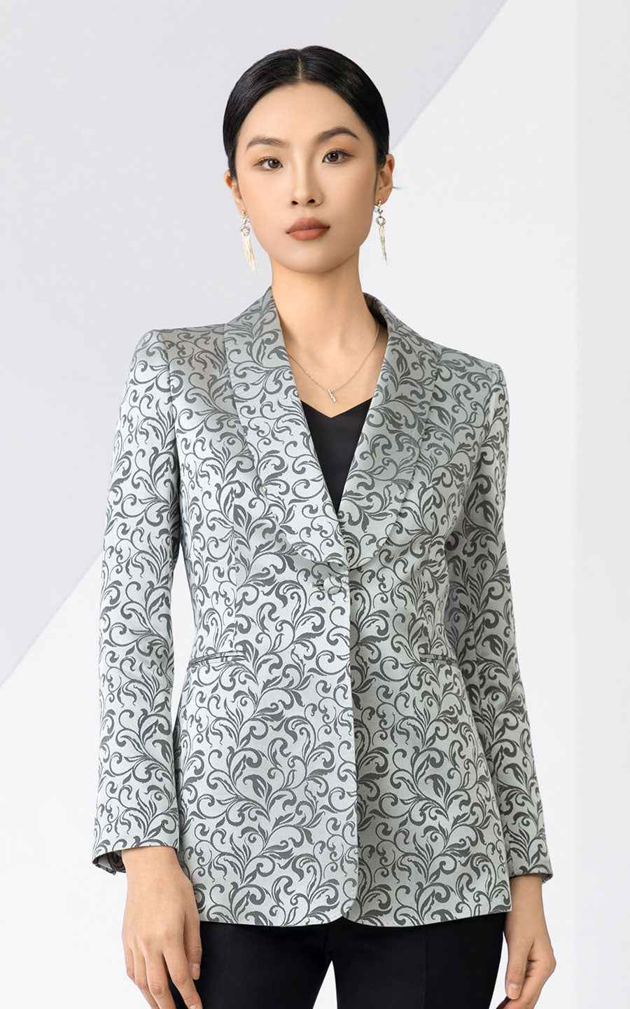 Elegant Gray Paisley Print Double-Breasted Blazer