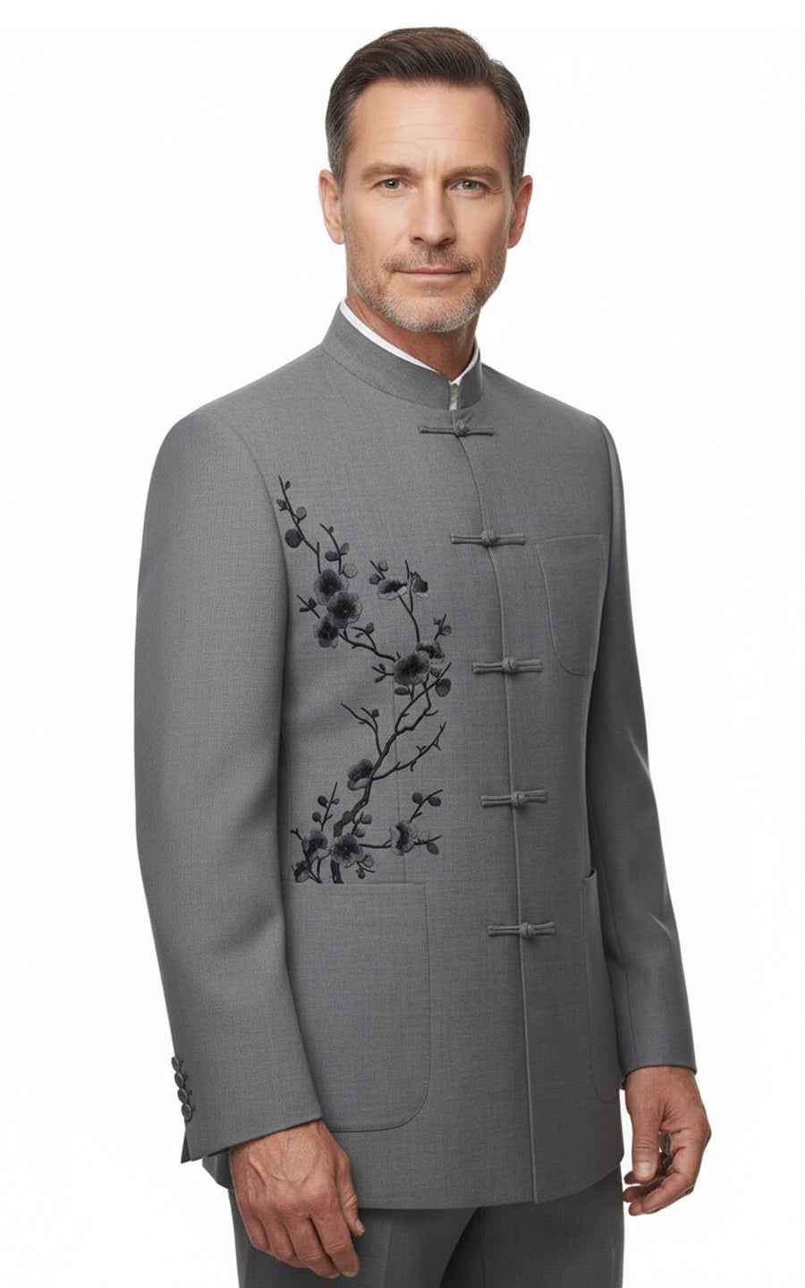 Custom grey embroidered men's stand-up collar wedding suit coat