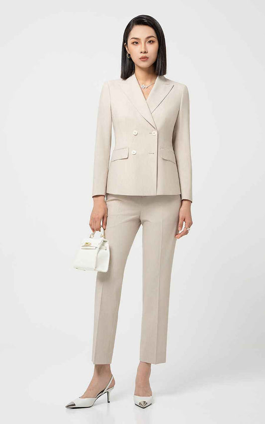 Elegant Beige Business Suit Set - Double Breasted Blazer